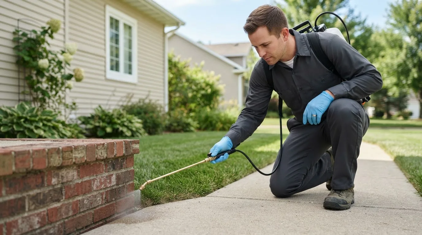 Pest control technician treating a home near Mendon, OH