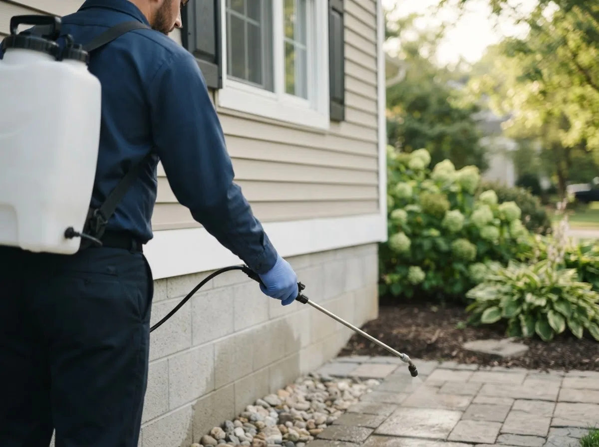 Pest control technician inspecting a home in Mendon, OH